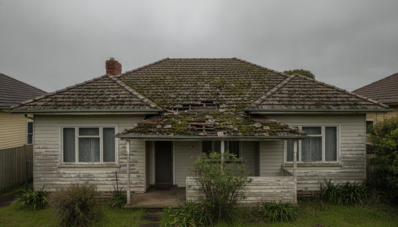 Weathered terracotta tile roof covered in moss before restoration