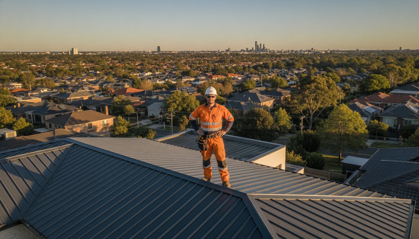 Summit Roofing tradesman in hi-vis standing on a Colorbond steel roof above a Melbourne suburb