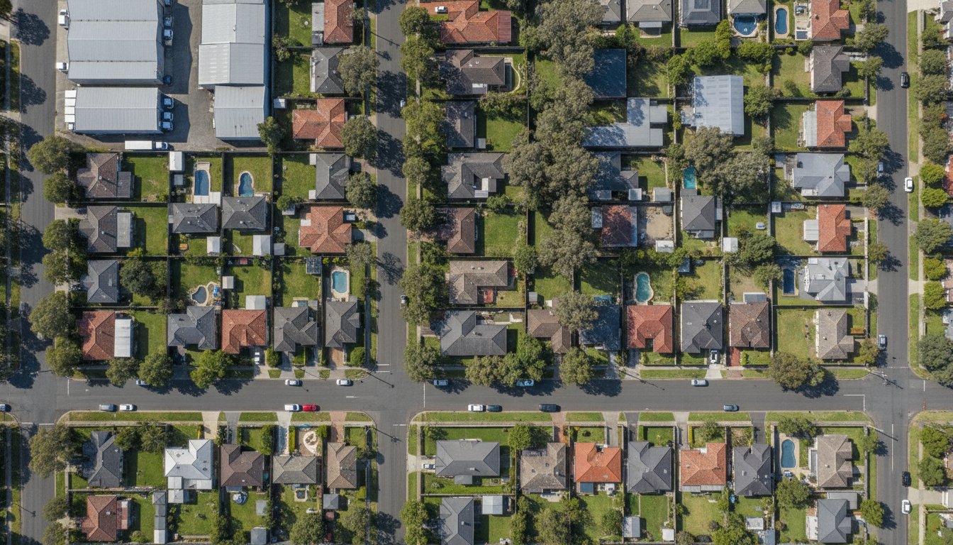 Aerial view of the Bayswater area showing suburban rooftops and the trade precinct around our depot