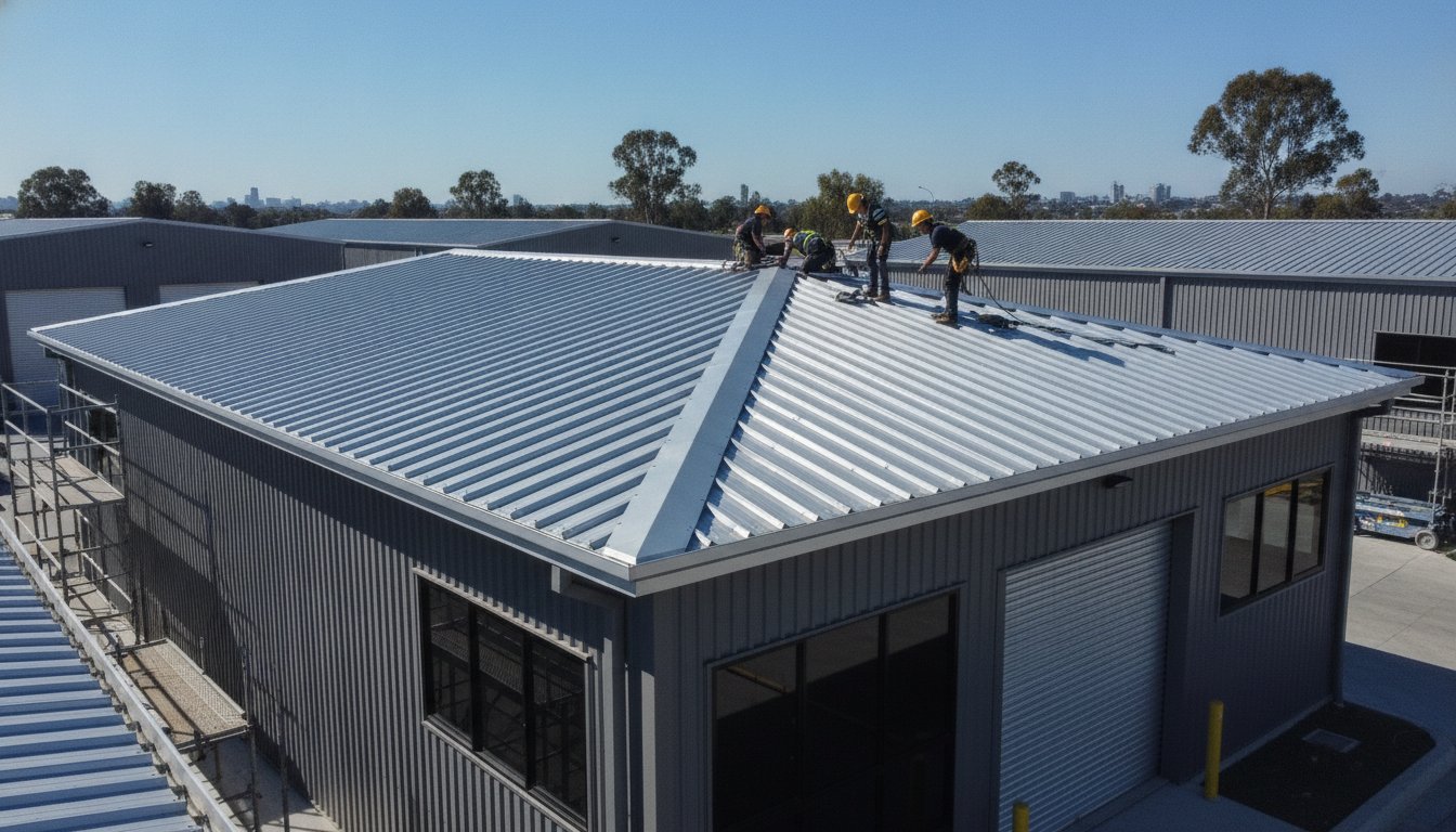 Commercial warehouse in Werribee with new zincalume metal roof sheeting and box gutters