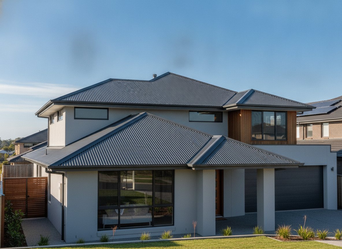 New charcoal Colorbond corrugated steel roof with crisp ridge capping on a modern home