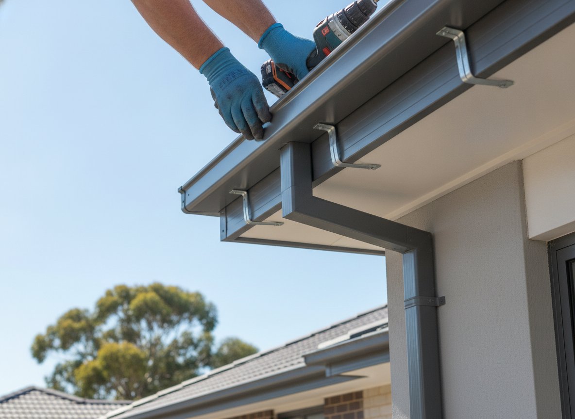 Close-up of new Colorbond steel guttering being fixed to a fascia