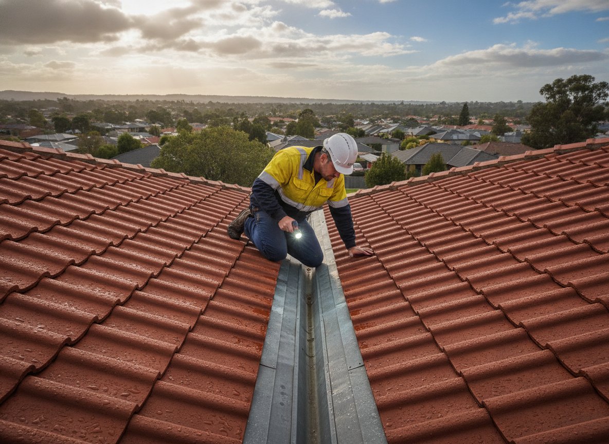 Roofer inspecting a tile roof valley with a torch to trace a leak