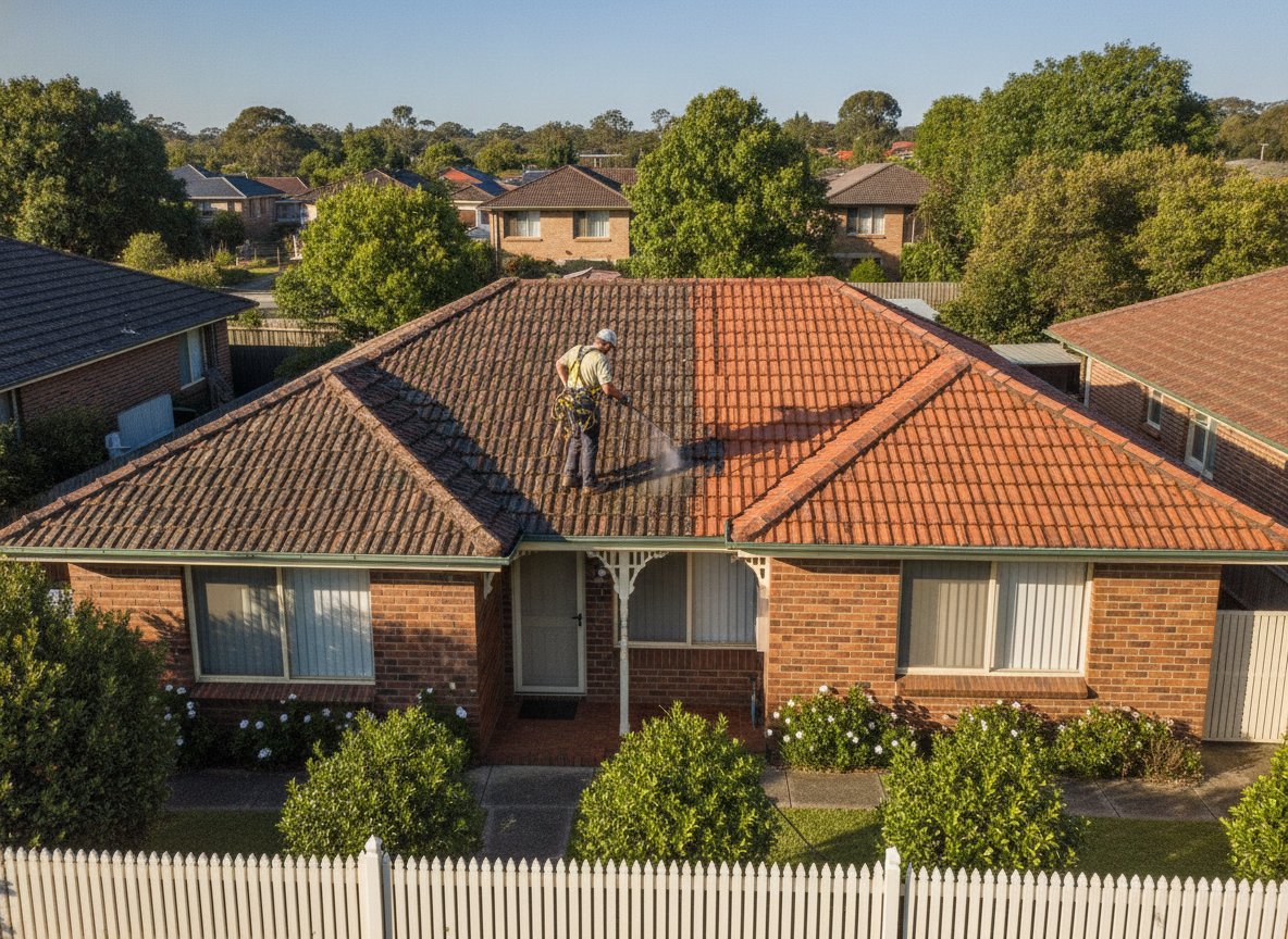 Roofer pressure cleaning a terracotta tile roof during a restoration, half the roof already gleaming