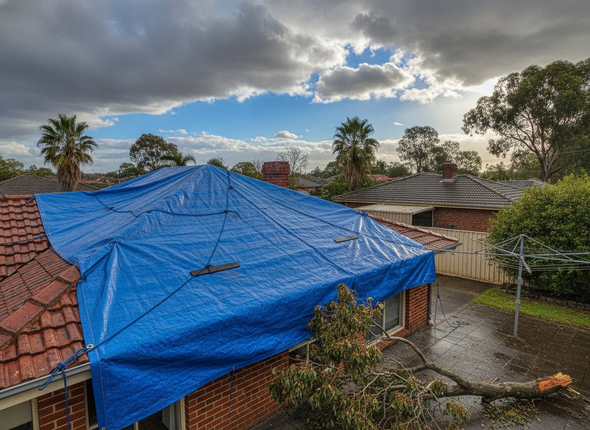 Blue tarpaulin secured over a storm-damaged tile roof with a fallen branch nearby