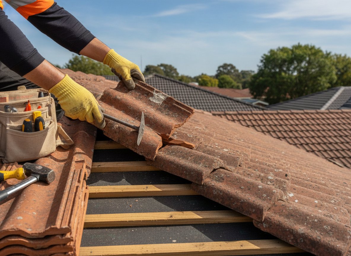 Tradesman replacing a cracked terracotta roof tile by hand