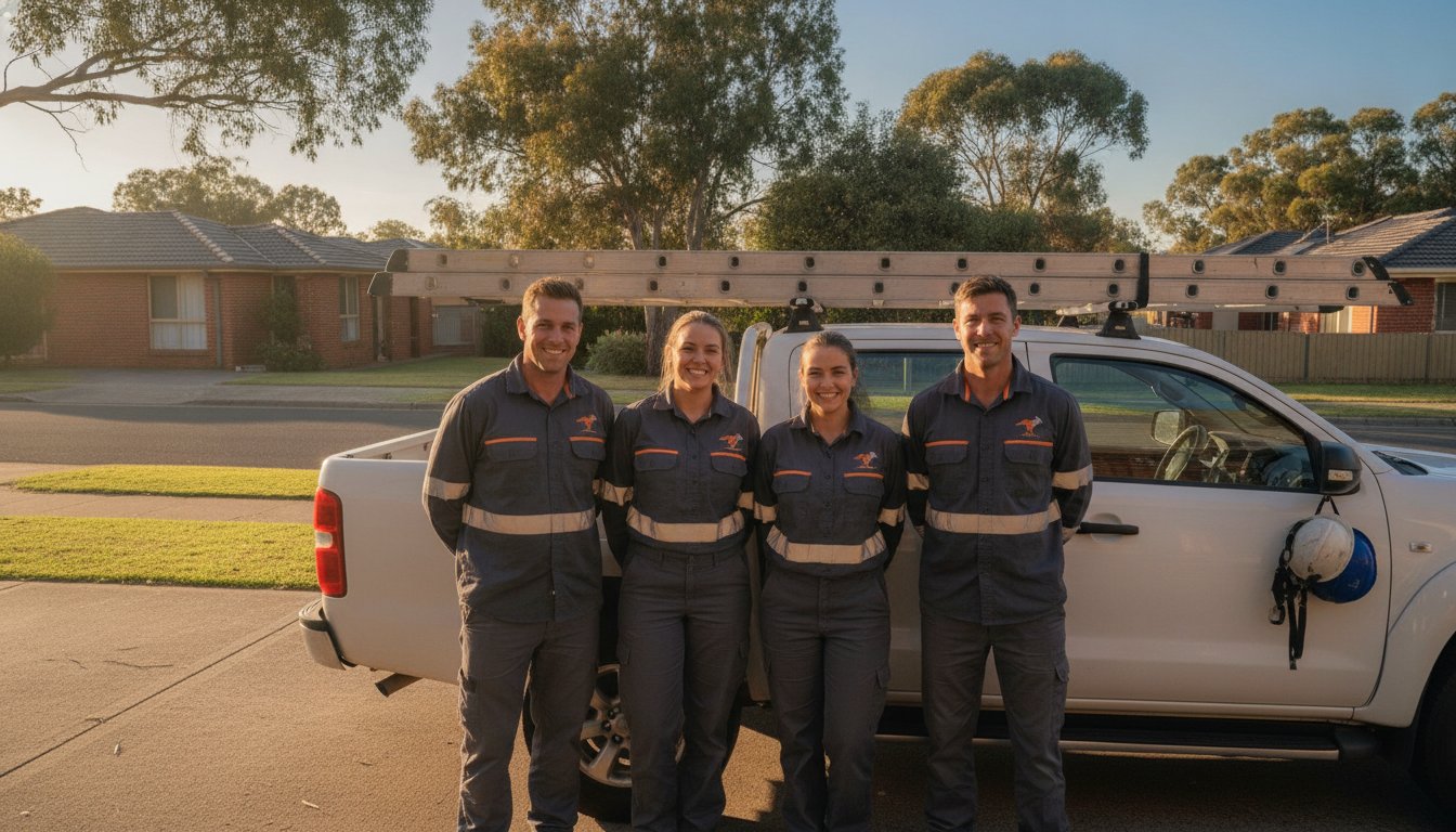 The Summit Roofing crew in hi-vis beside their work ute in a Melbourne driveway